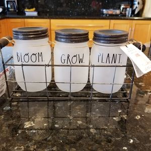 Rae Dunn Set 3 Bloom Grow Mason Jars Metal Holder